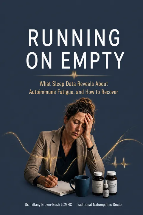 Running On Empty book cover, showing a tired woman at a desk with supplement bottles and a notebook