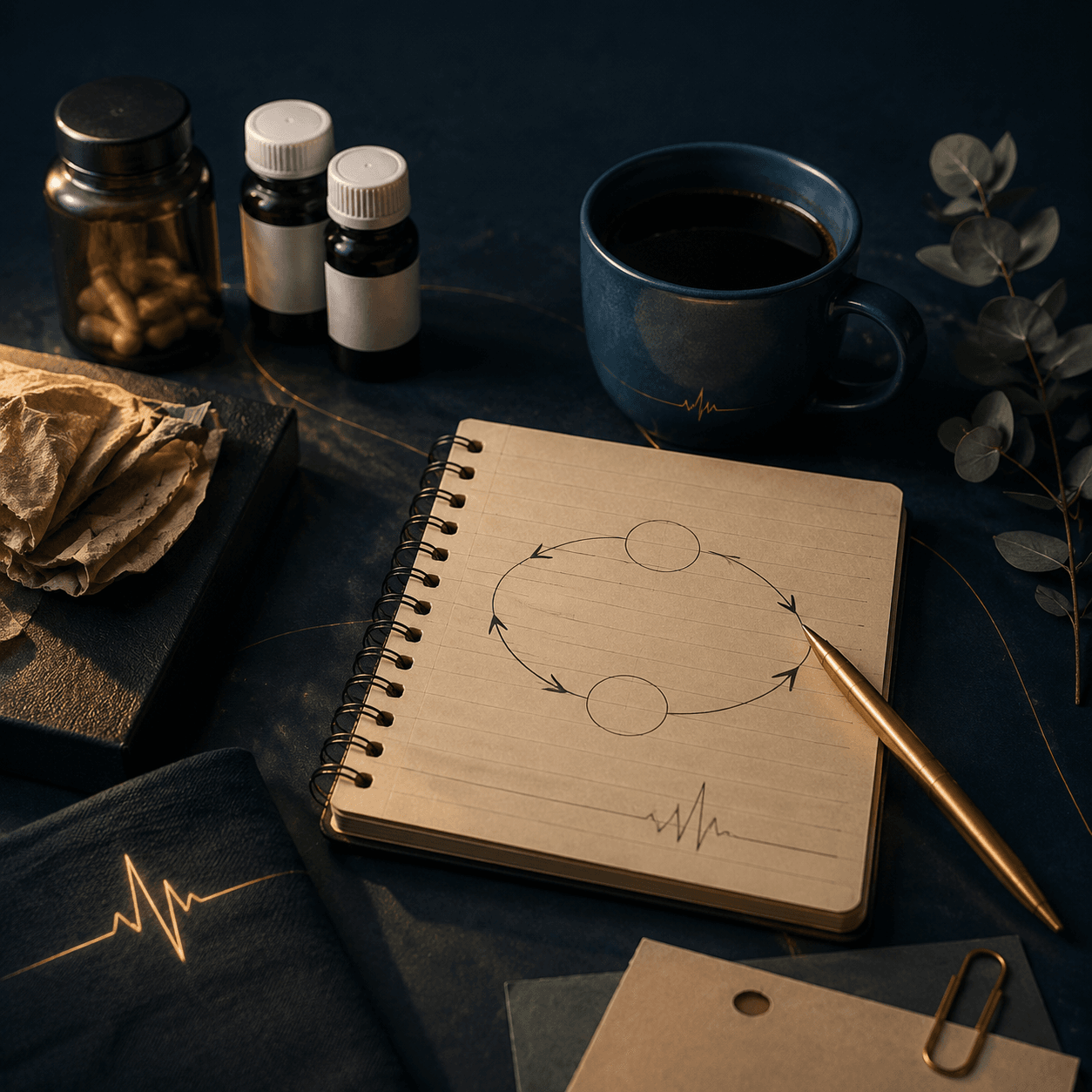 A lined notebook with a hand-drawn cycle diagram beside a blue mug of coffee, a gold pen, supplement bottles, and eucalyptus on a dark surface